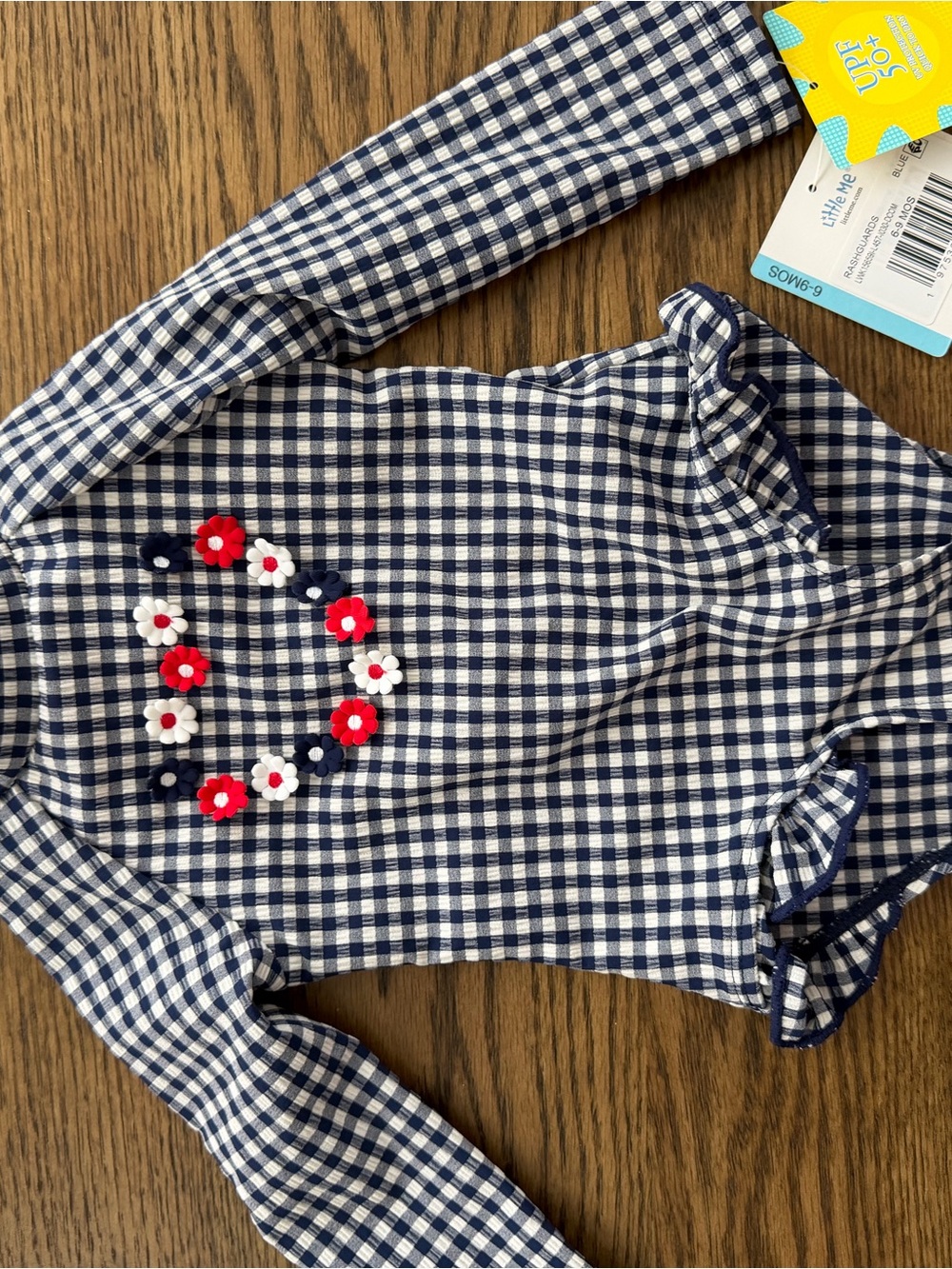 Little Me Navy and White Gingham Long-Sleeve Romper upf 50